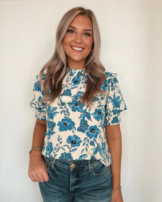 THML Floral Print Smocked Sleeve Top