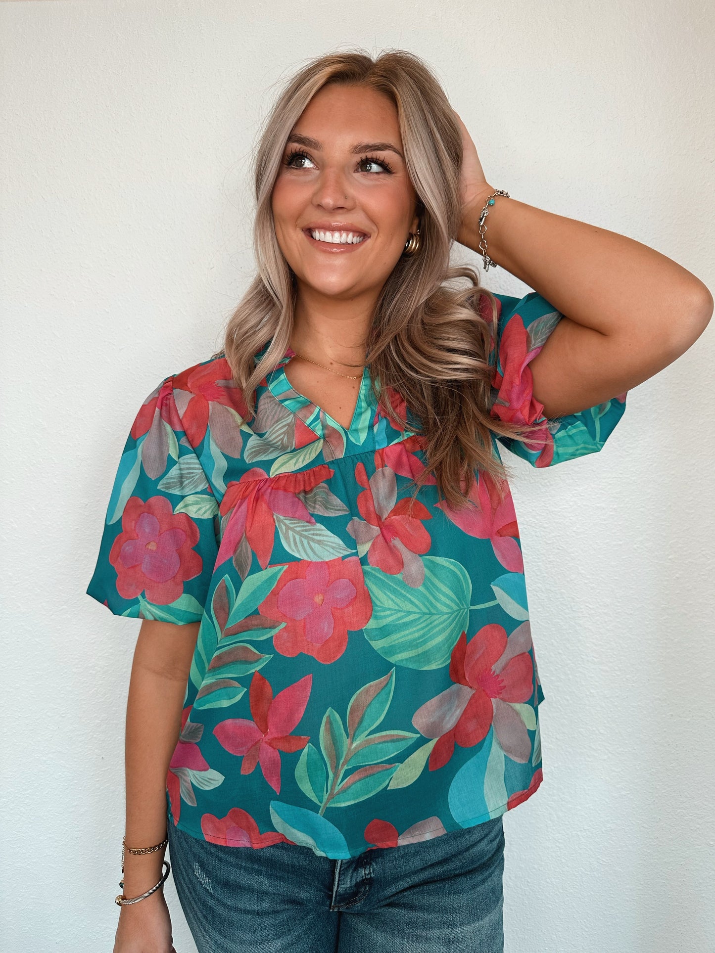 THML Puff Sleeve Floral Print V Neck Top